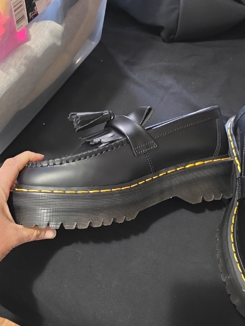 Dr Martens Black Leather Tassel Loafer with Lug Sole Platform - Picture 3 of 5